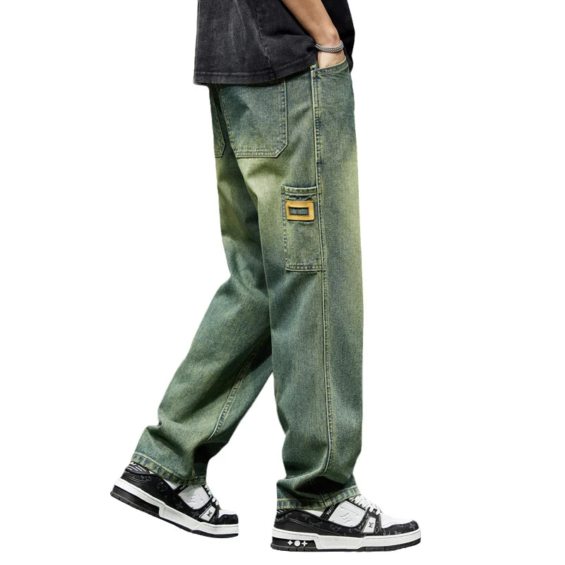 Mens Wide Leg Loose Jeans Baggy Pants Men Denim Pants Green 2024 Summer