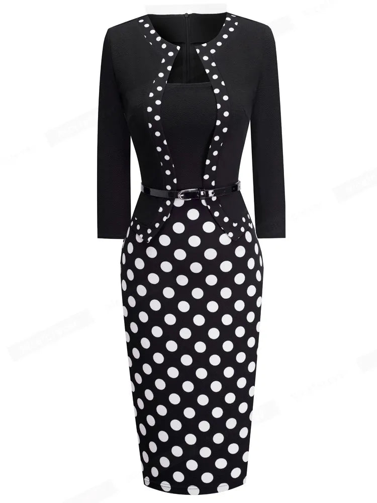 Nice-Forever One-Piece Faux Jacket Retro Contrast Polka Wear to Work Business