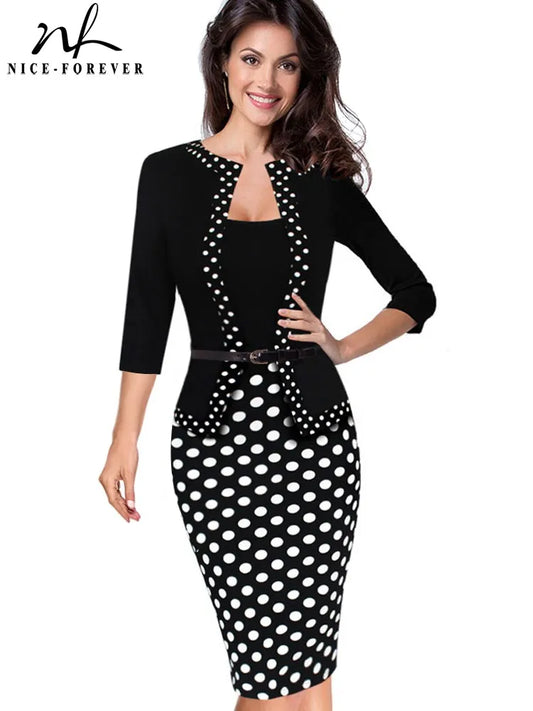 Nice-Forever One-Piece Faux Jacket Retro Contrast Polka Wear to Work Business