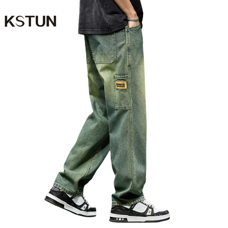 Mens Wide Leg Loose Jeans Baggy Pants Men Denim Pants Green 2024 Summer