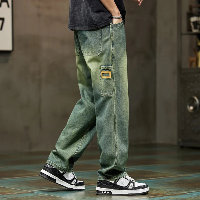 Mens Wide Leg Loose Jeans Baggy Pants Men Denim Pants Green 2024 Summer